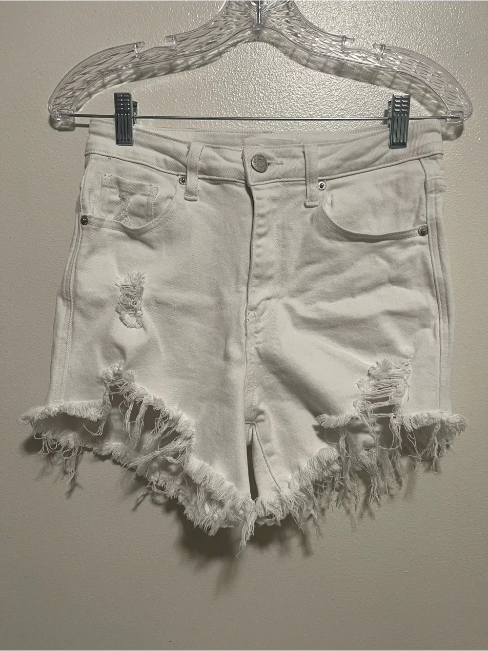 High-Rise White Distressed Frayed Hem Denim Shorts